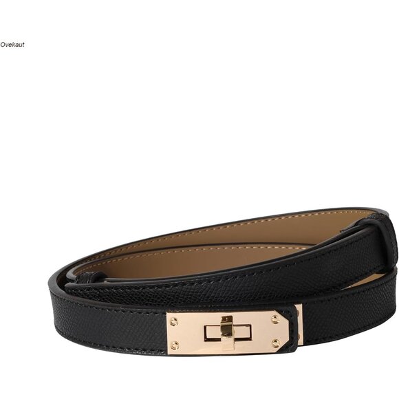 Accessories - Women Skinny Leather Belt Adjustable Waistband Gold Turn Lock for Dresses Jeans